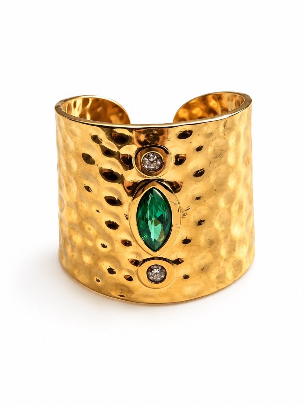 Gold Plated Hammered Cuff Ring with Emerald Green Stone adjustable